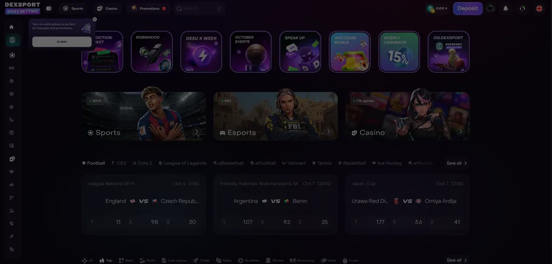 No account, no ID — browse sports, esports and casino straight from a wallet